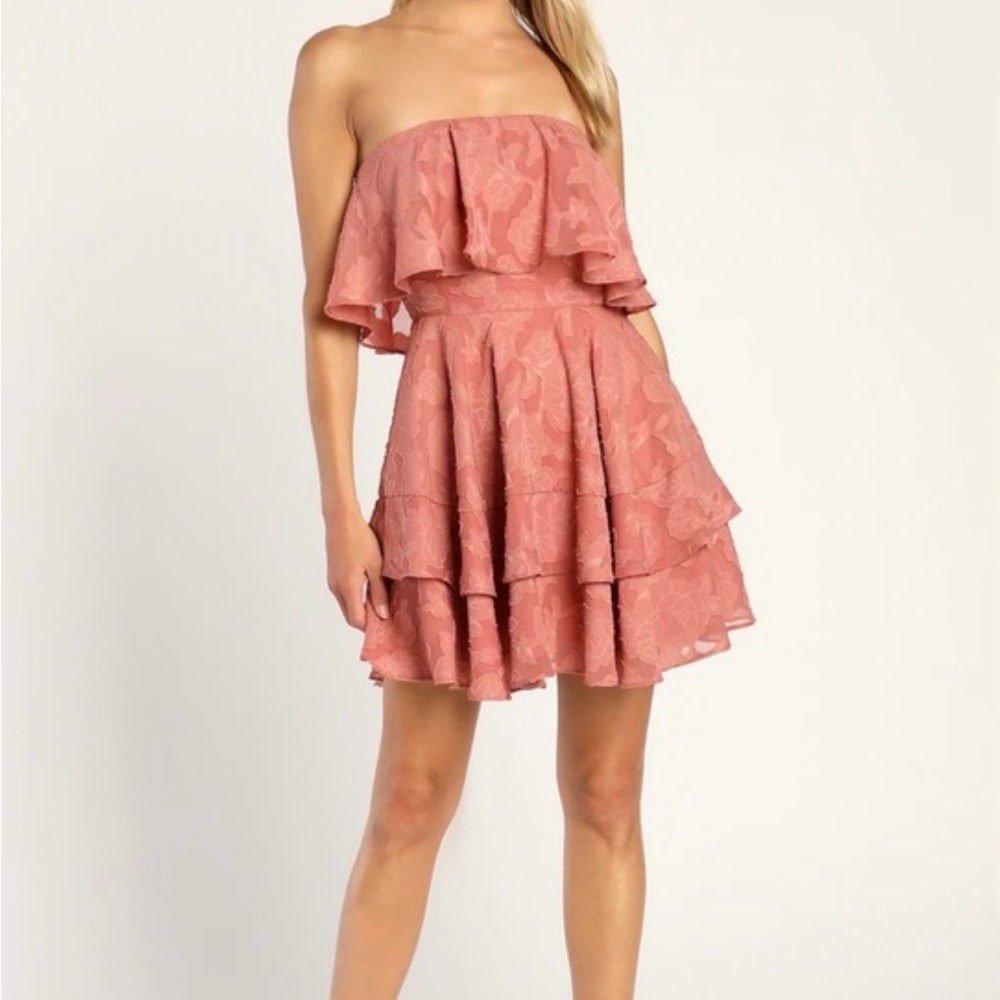 Lulus True Lover Strapless Mini Dress Pink Coral Floral Ruffle Size Small NWT